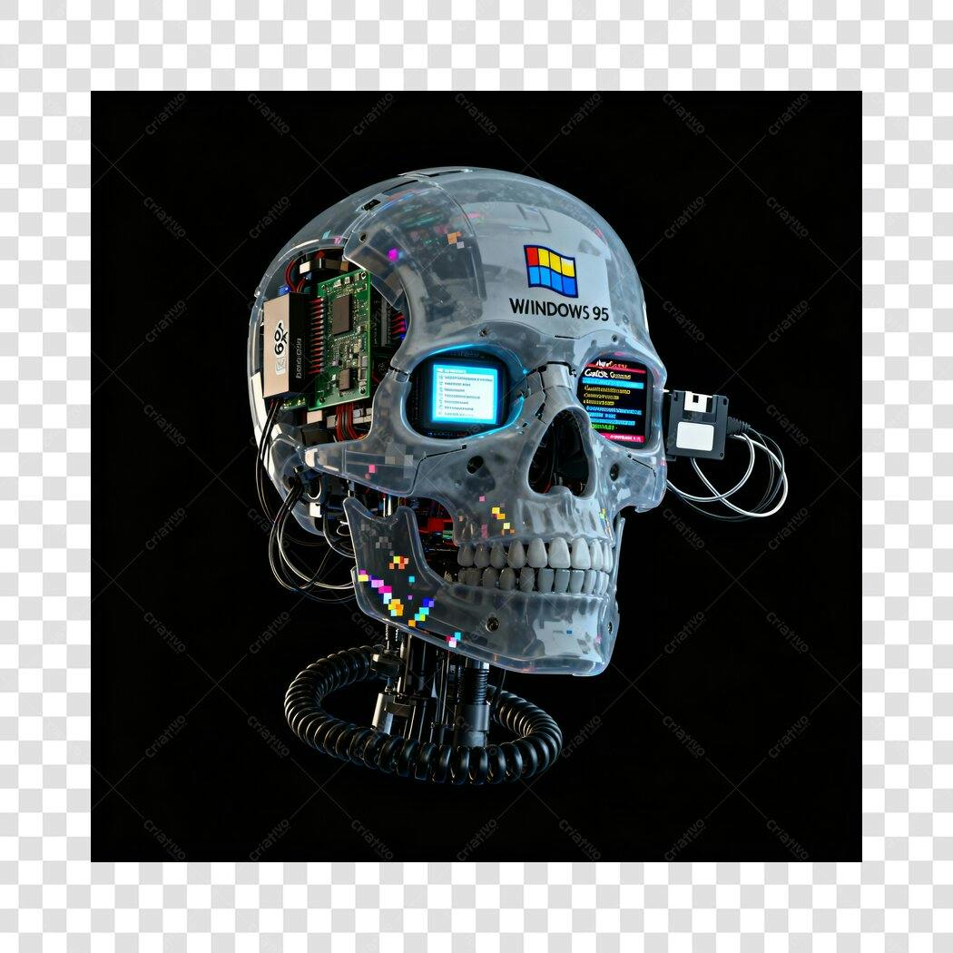 Ilustração crânio cyberpunk Windows 95 retro transparente PNG com fundo transparente