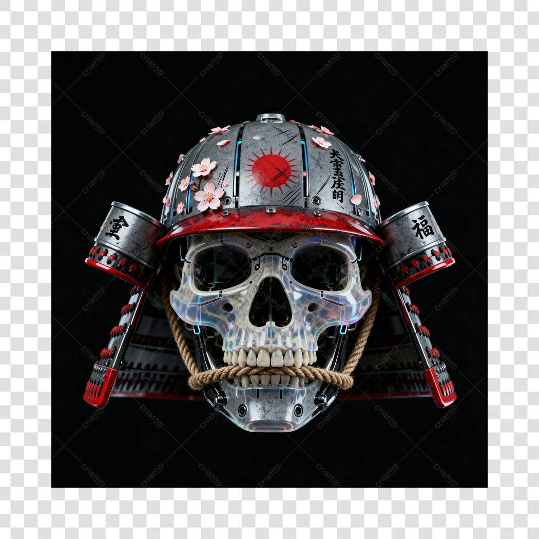Ilustração 3D Crânio Samurai Cibernético com Cerejeiras PNG com fundo transparente