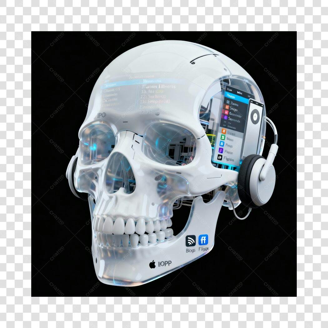 Gráfico conceitual mente digital crânio futurista com smartphone PNG com fundo transparente