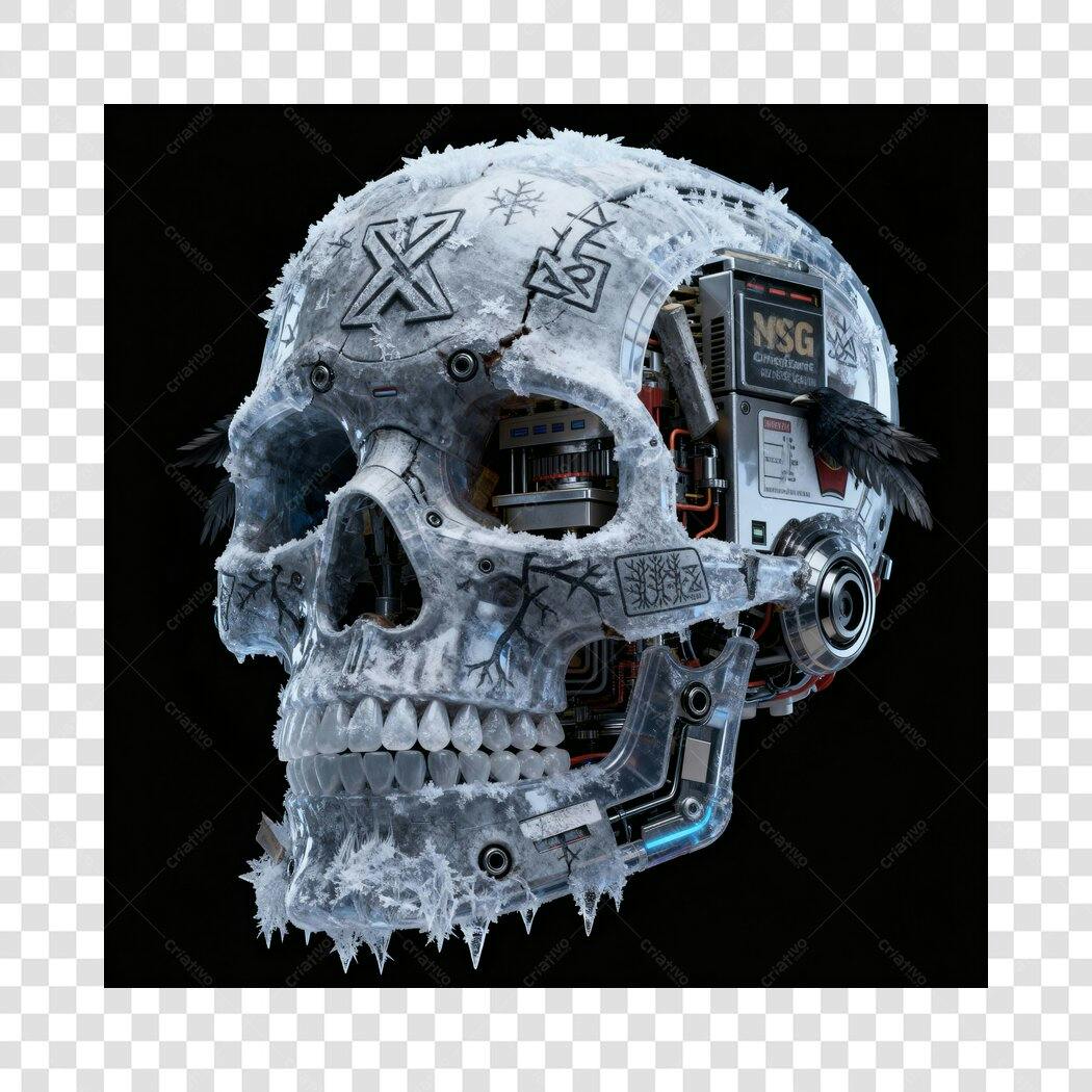 Ícone crânio robótico congelado cyberpunk com runas gelo PNG com fundo transparente