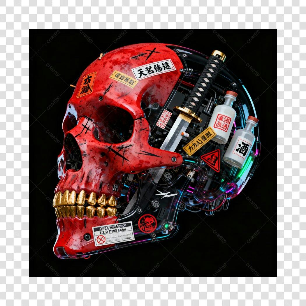 Ilustração 3D crânio cyberpunk samurai vermelho ouro PNG com fundo transparente