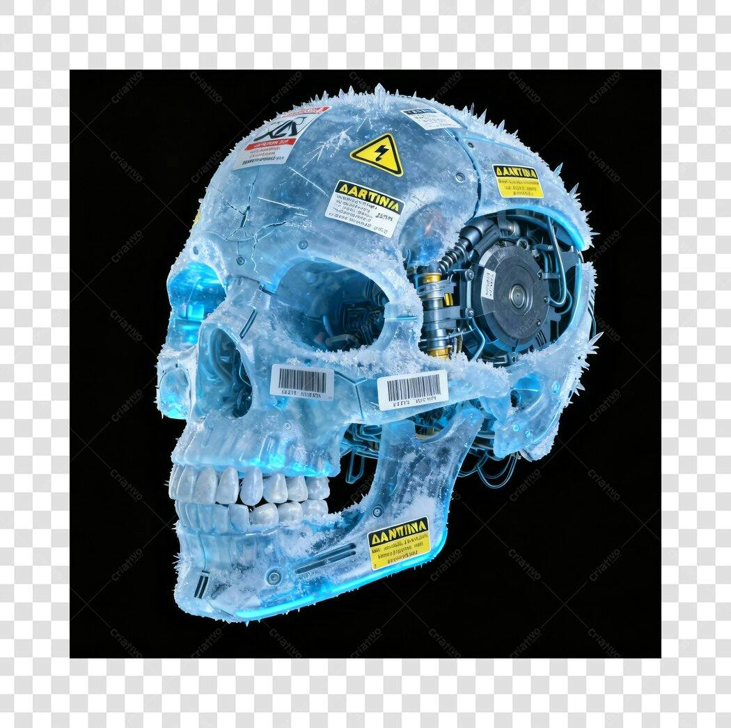 Gráfico 3D Crânio Cibernético de Gelo com Componentes Mecânicos PNG com fundo transparente