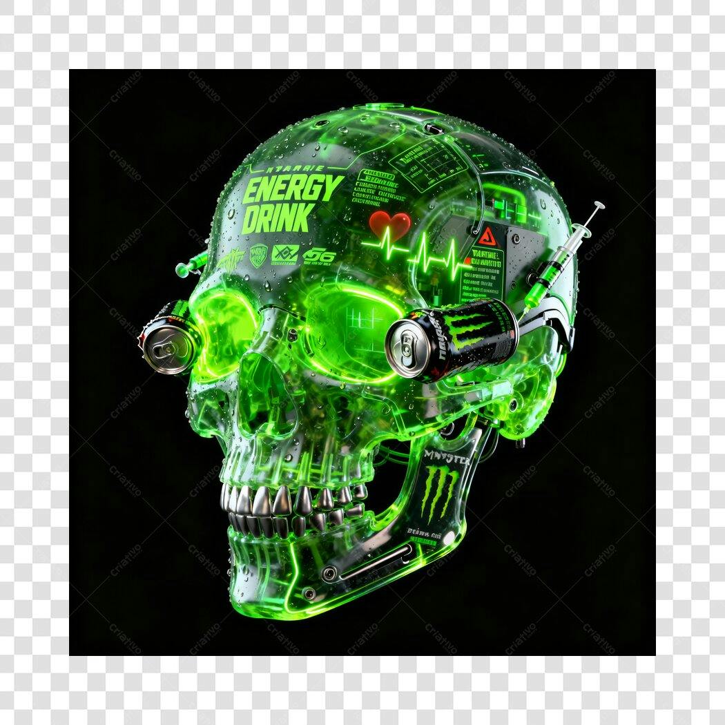 Post Instagram Crânio Cibernético Néon Verde Energy Drink para marketing PNG com fundo transparente