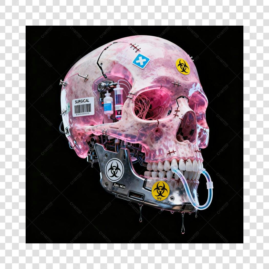 Ilustração caveira cibernética rosa metálico com biohazard cirúrgico PNG com fundo transparente