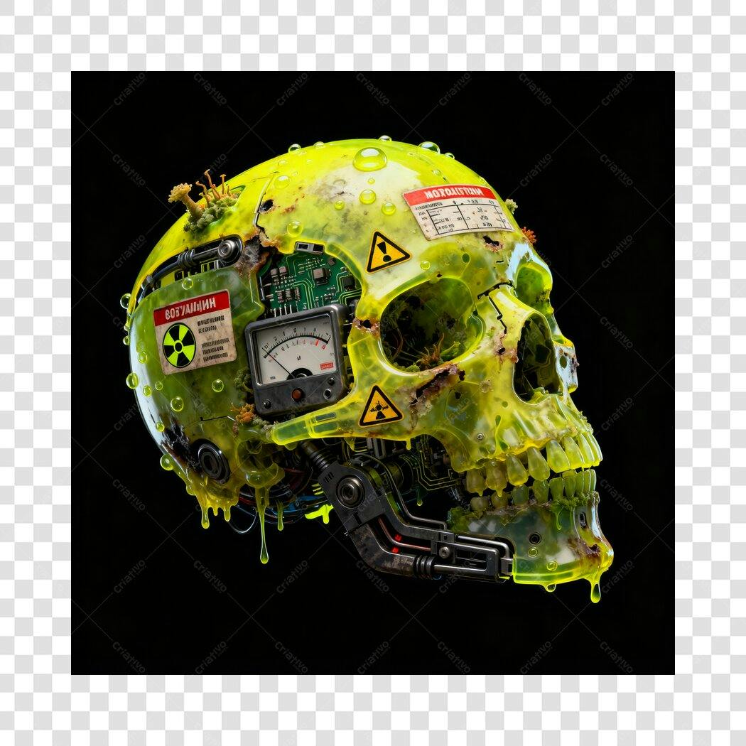 Crânio Radioativo Cibernético Líquido Verde Neon Halloween PNG com fundo transparente