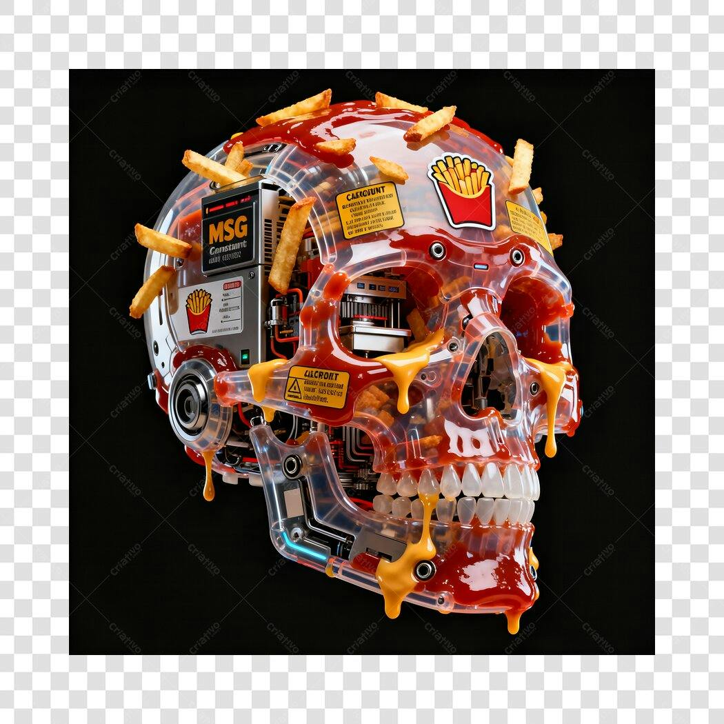Ilustração Conceitual Crânio Cyborg Batatas Fritas Ketchup Amarelo Vermelho PNG fundo transparente