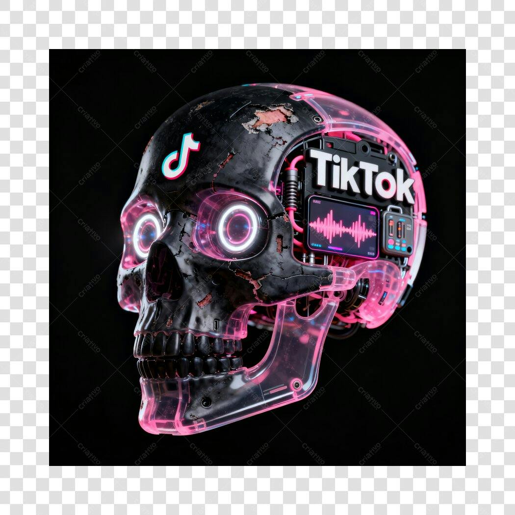 Icone Caveira Robótica TikTok Cyberpunk Rosa Neon PNG com fundo transparente