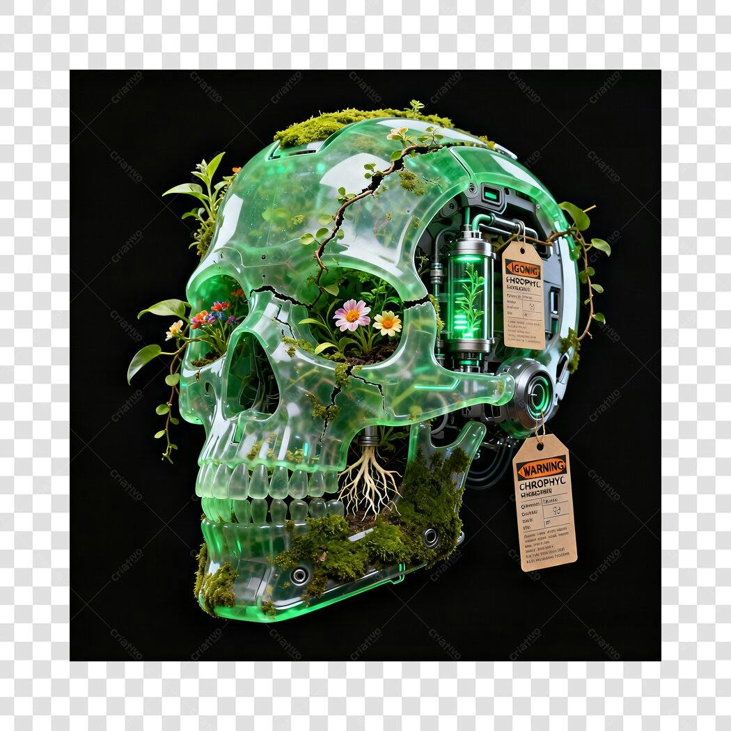 Ilustração Crânio Biotecnológico Verde Neon com Plantas Crescendo PNG com fundo transparente