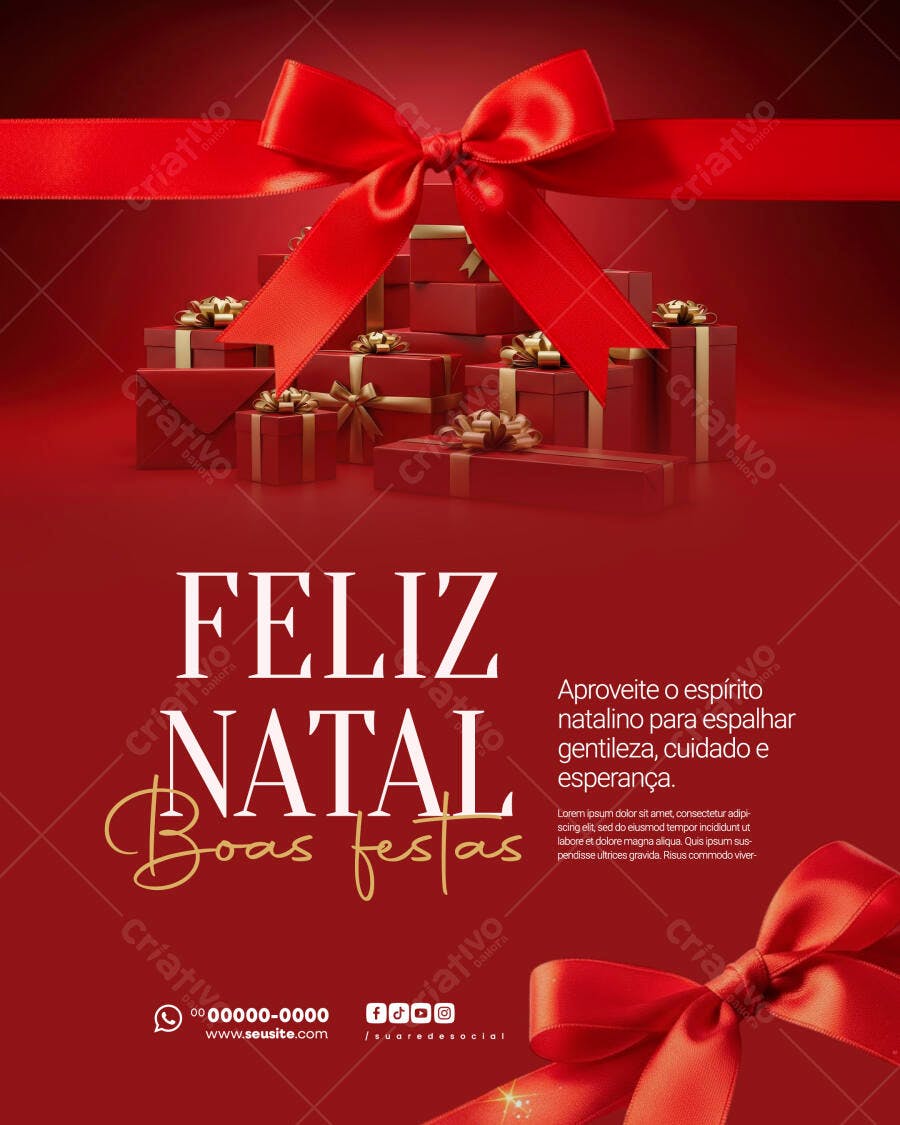 Flyer para Natal Boas Festas com Laço Vermelho e Presentes Dourados PSD Editável