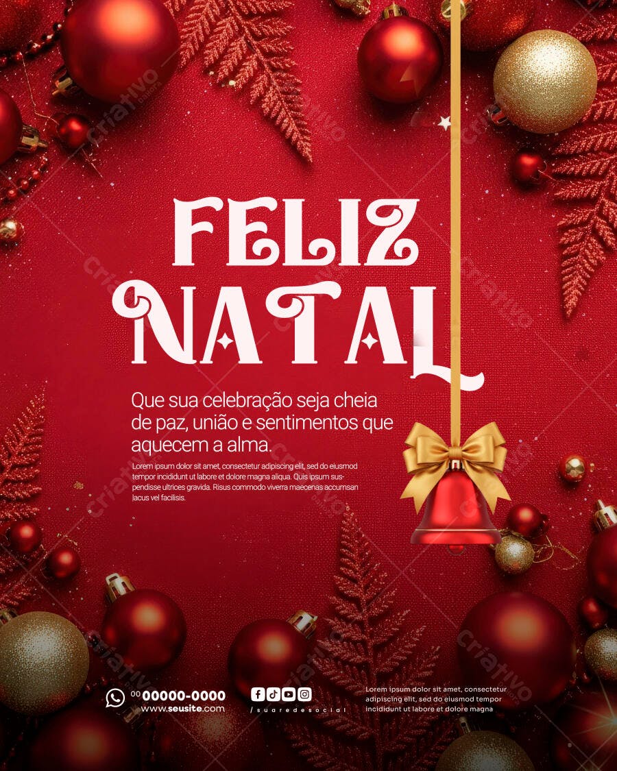 Flyer de Feliz Natal com Sino Dourado PSD Editável