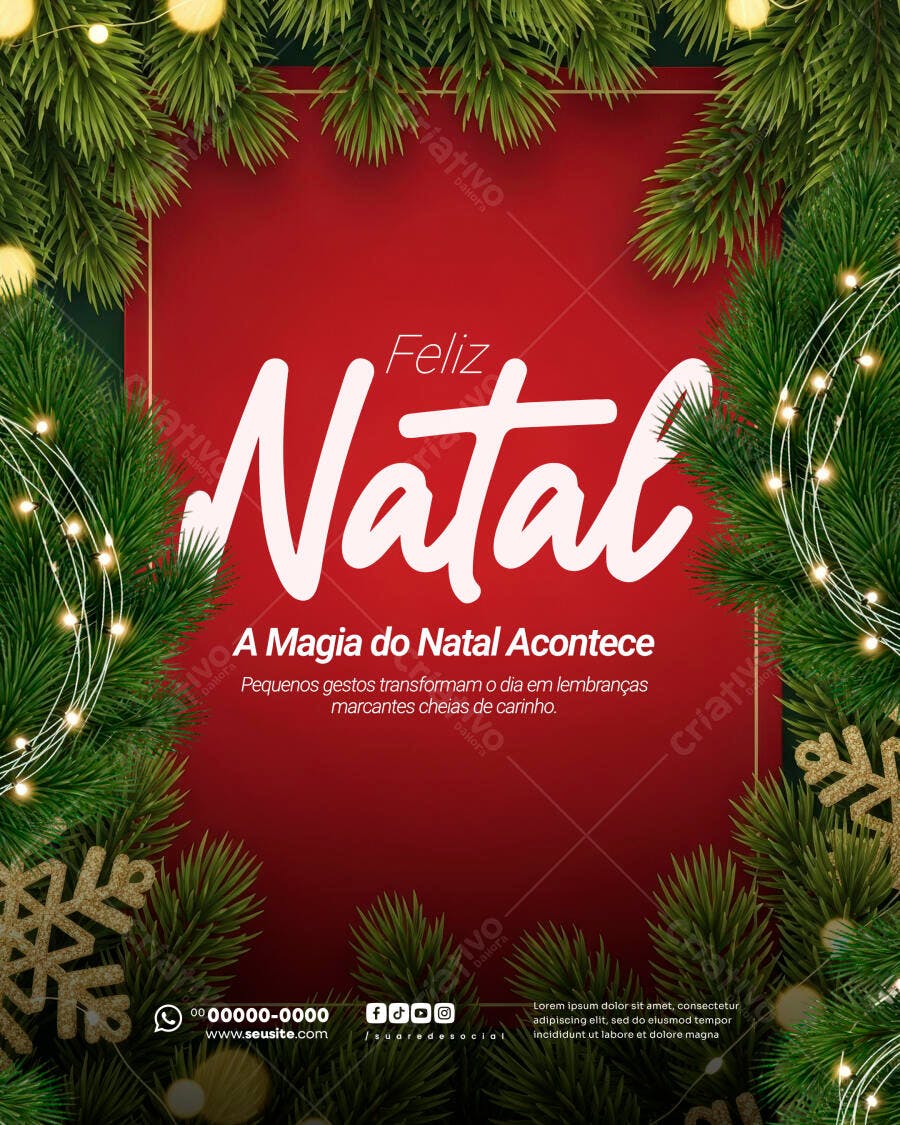 Flyer Feliz Natal com Borda de Pinheiros e Luzes Douradas PSD Editável