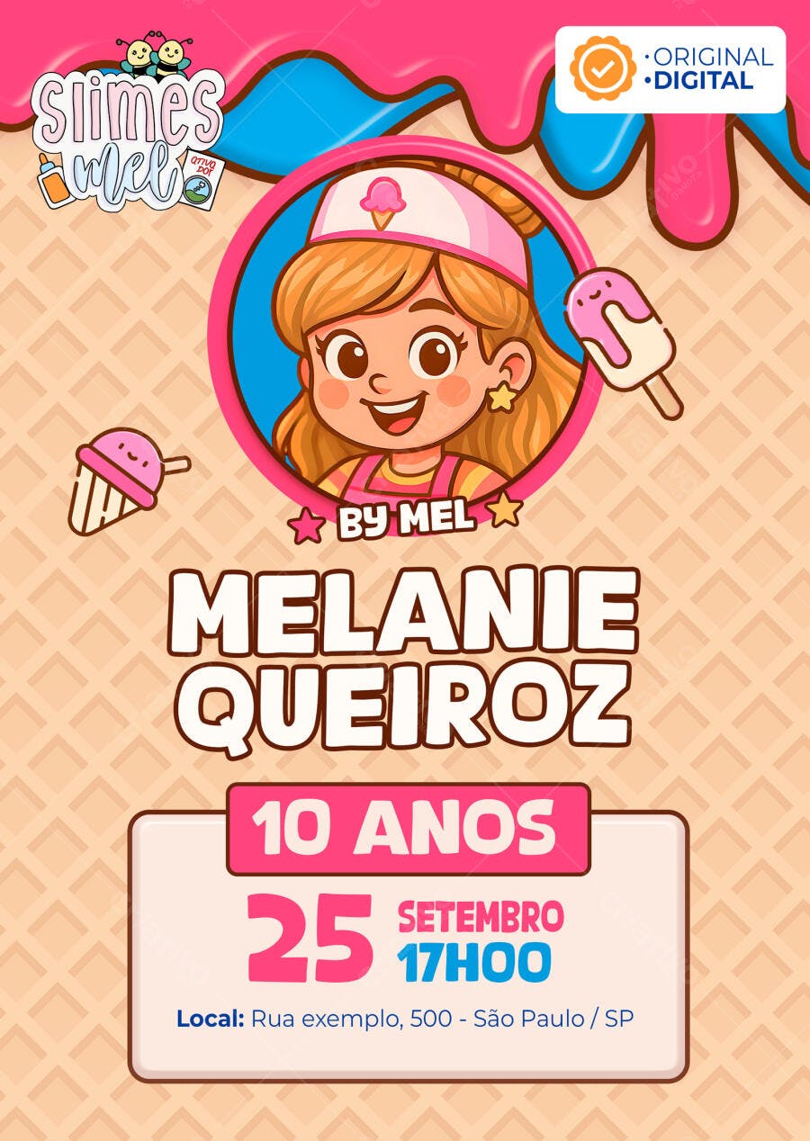 Convite aniversário Slimes Mel - Sorveteria da mel Editável no Canva - Melissa Seabra Oficial