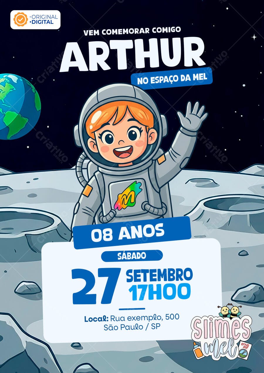 Convite de aniversário infantil Slimes Mel astronauta no espaço da mel - Editável no Canva - Melissa Seabra