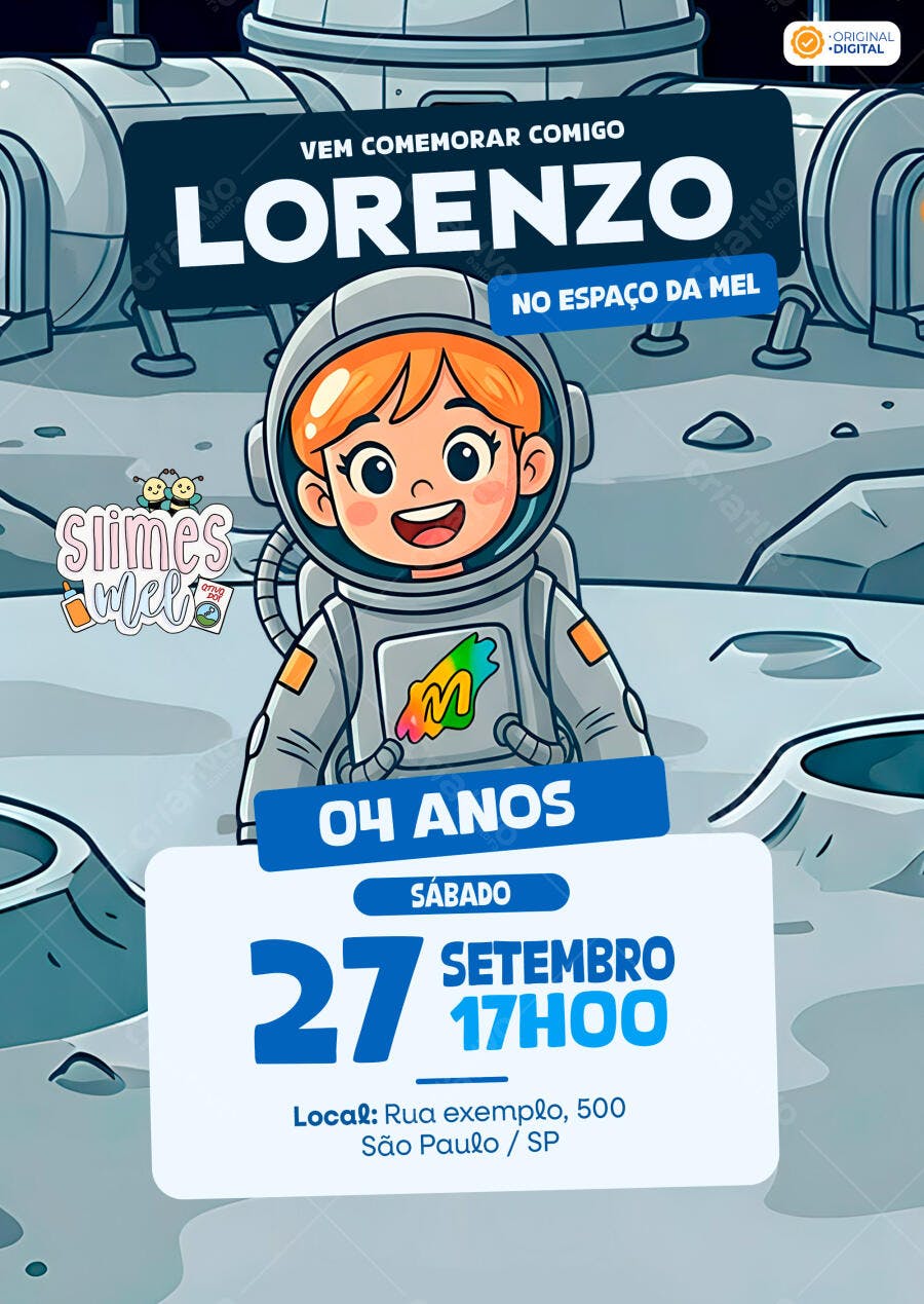 Convite de aniversário infantil Slimes Mel astronauta no espaço da mel - Editável no Canva - Melissa Seabra