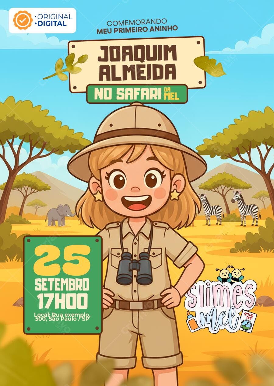Convite Aniversário Safari Menina slime mel - Melissa Seabra Exploradora e Animais da Savana Editável no Canva
