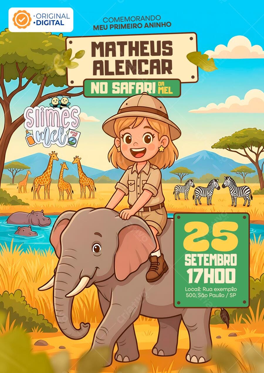 Convite Aniversário Safari Menina slimes mel - Melissa Seabra Exploradora e Animais da Savana Editável no Canva