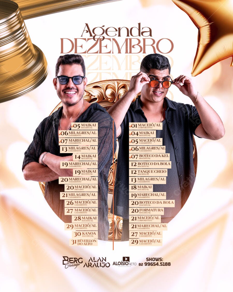 Flyer Musical Agenda Dezembro com Cantores Sertanejos PSD Editável