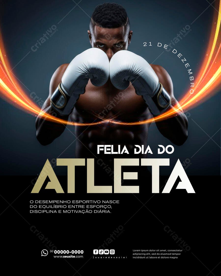 Flyer Dia do Atleta Boxeador Negro Músculos Luvas Brancas PSD Editável