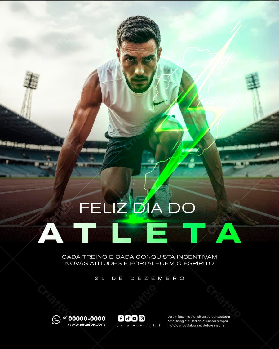 Flyer Dia do Atleta Masculino no Estádio com Raio Verde PSD Editável