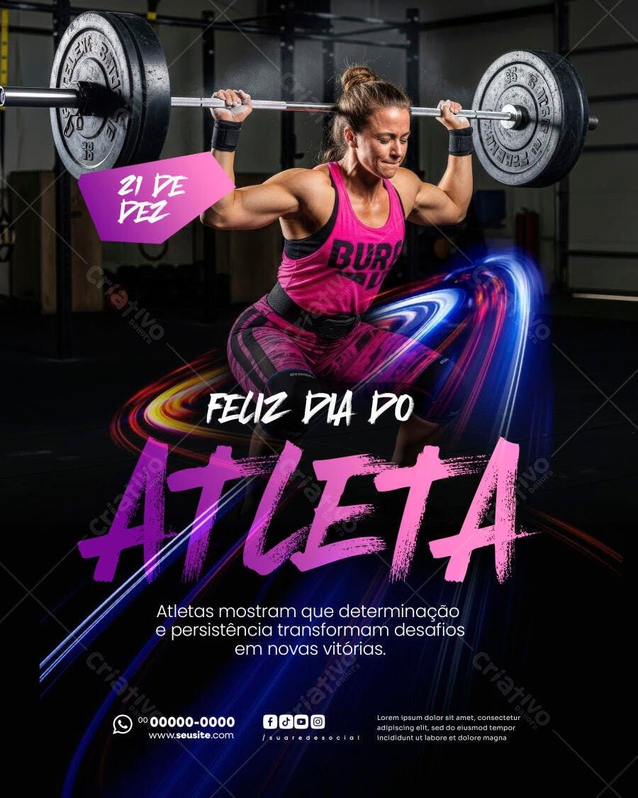 Flyer Dia do Atleta Mulher Levantando Peso Psd Editável