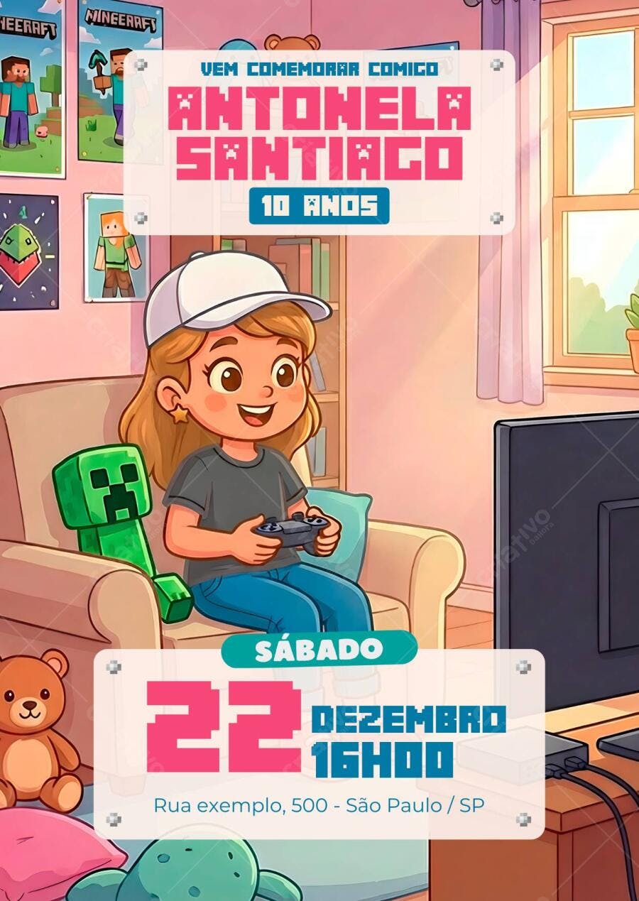 Convite aniversário infantil Minecraft Slimes Mel gamer Editável no Canva - Melissa Seabra