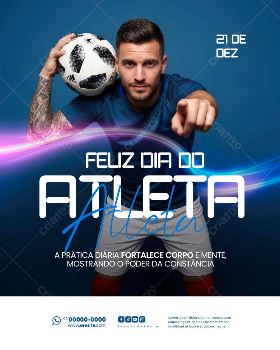 Flyer Dia do Atleta com Jogador de Futebol PSD Editável