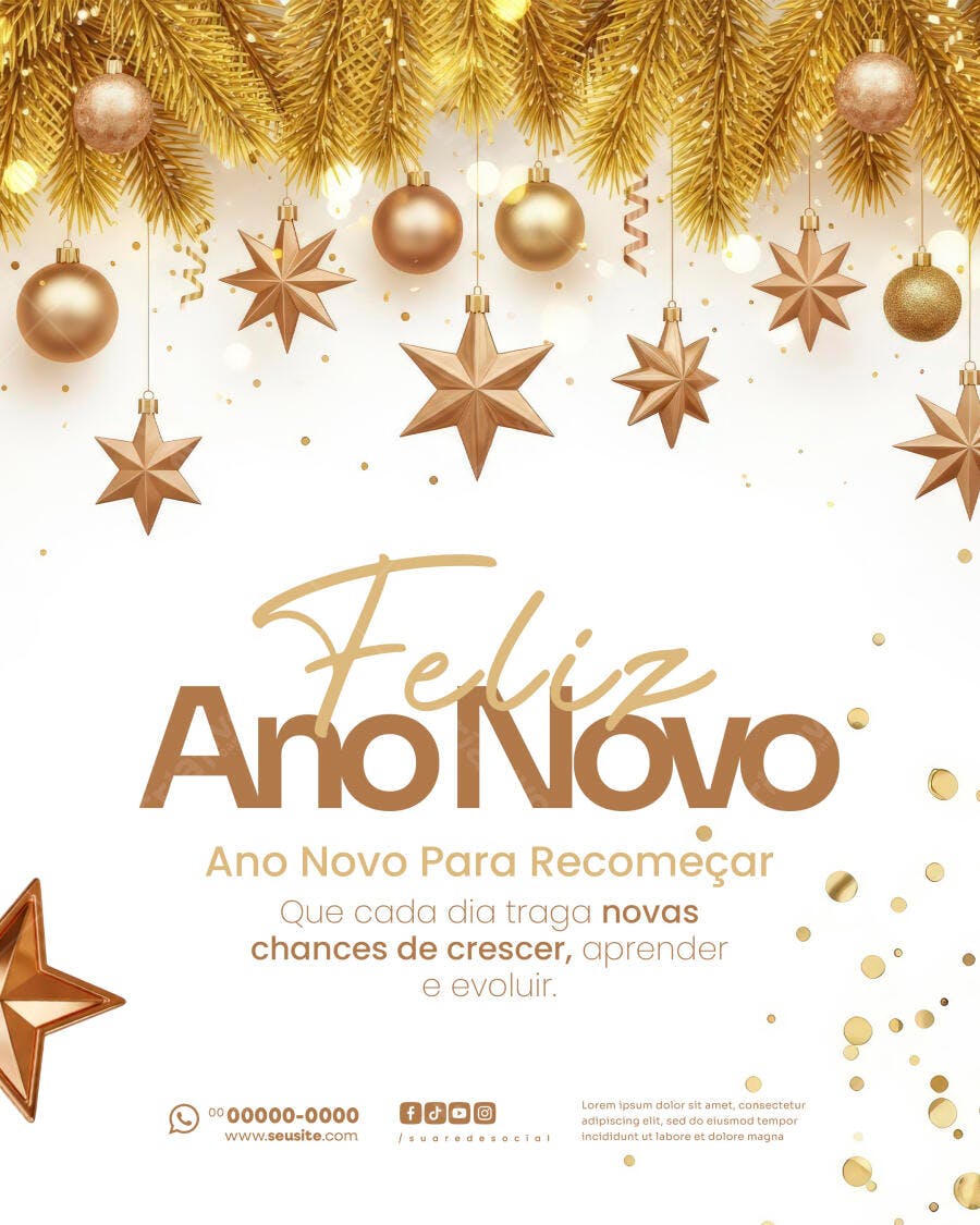 Flyer Feliz Ano Novo Dourado Com Estrelas PSD Editável