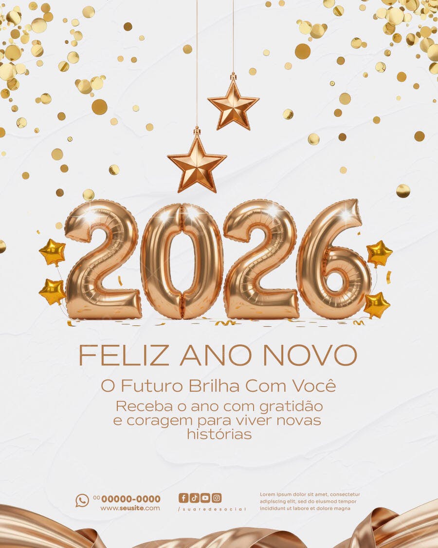 Post para Redes Sociais Ano Novo 2026 Dourado PSD Editável