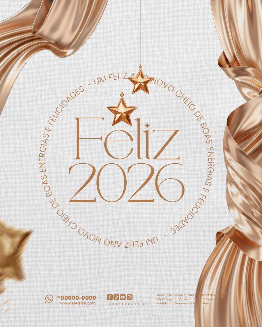 Flyer Ano Novo Feliz 2026 com Estrelas Douradas PSD Editável