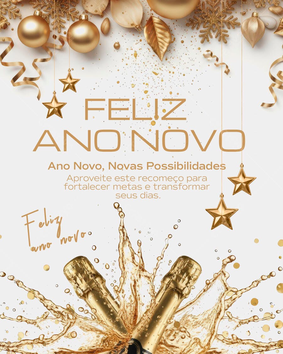Flyer Digital Feliz Ano Novo Dourado com Champanhe PSD Editável