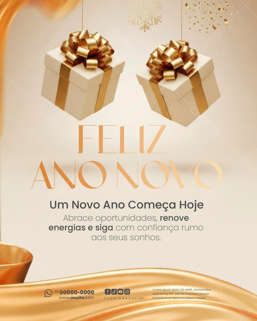 Post Digital Feliz Ano Novo com Presentes PSD Editável