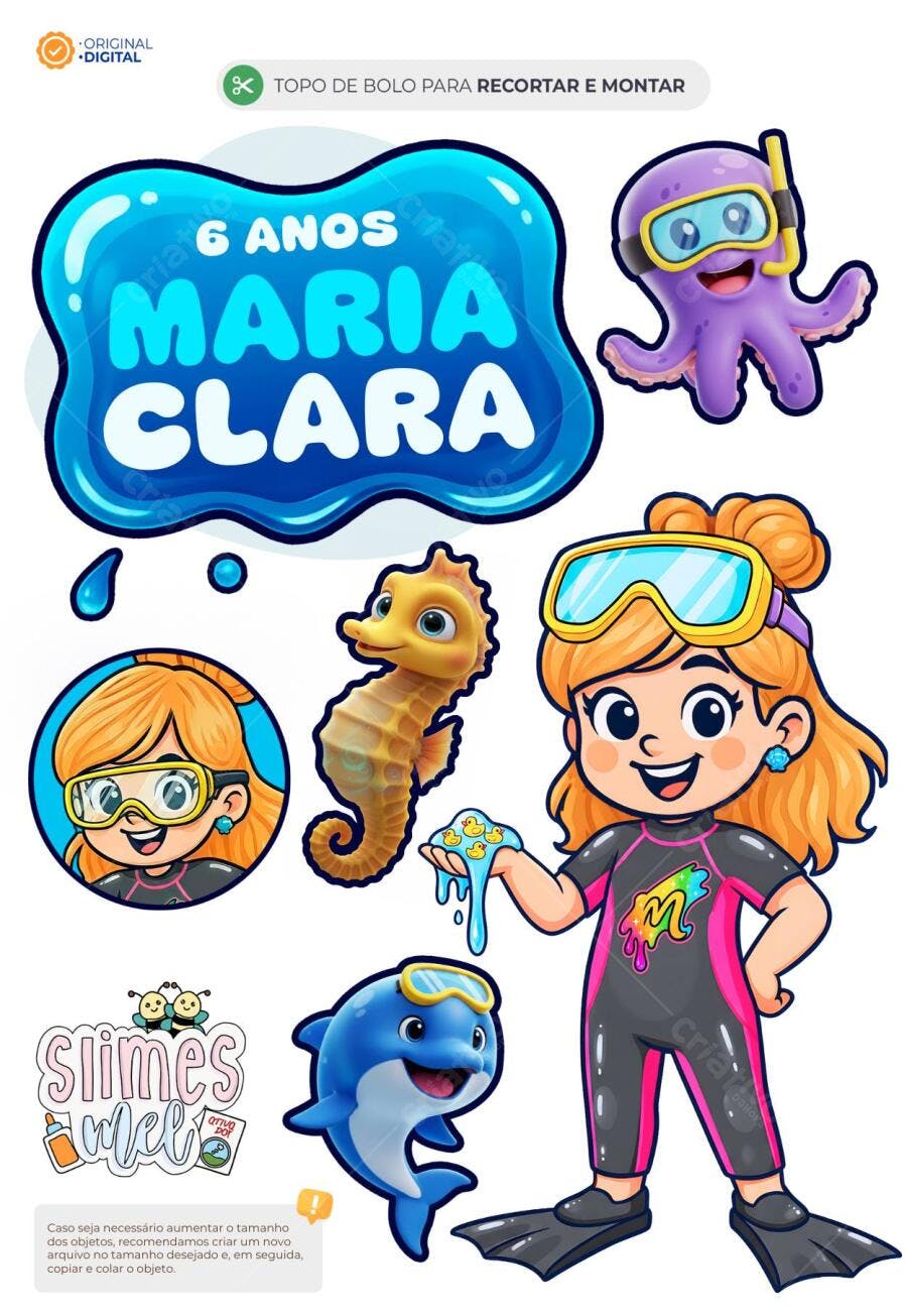 Topo de bolo para aniversário infantil Slimes Mel - Water Slime da Mel Editável no Canva - Melissa Seabra