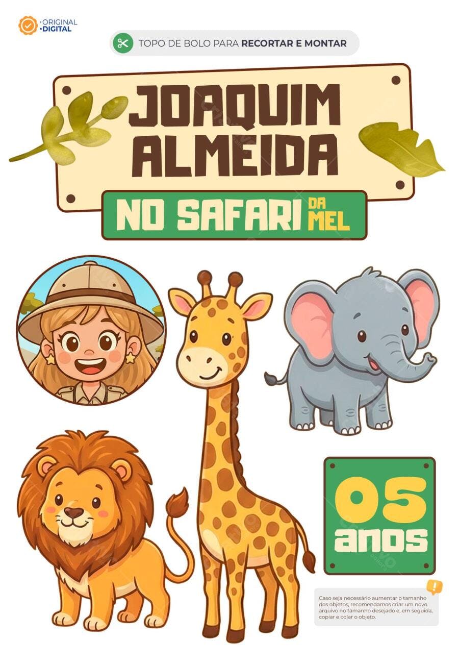 Topo de bolo de aniversário infantil Safari da Mel Aventura com girafa elefante leão Editável no Canva - Slimes da mel Melissa Seabra