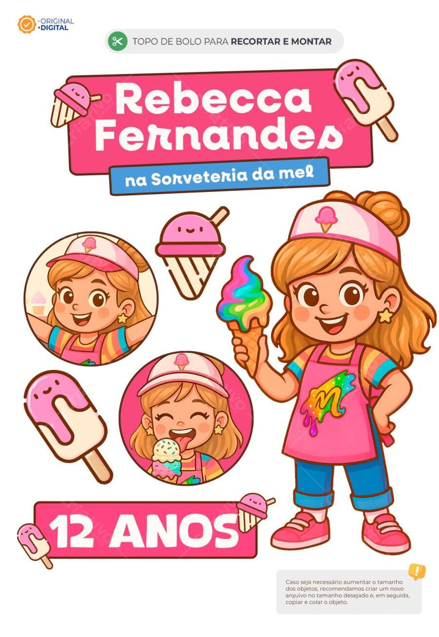 Topo de bolo de aniversário Sorveteria da Mel Editável no Canva - Melissa Seabra