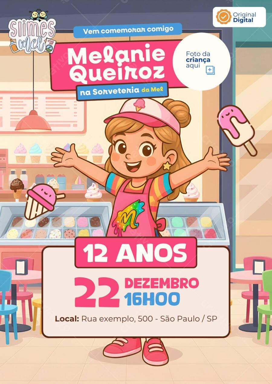 Convite Aniversário Sorveteria da Mel Editável no Canva - Slimes da Mel Melissa Seabra