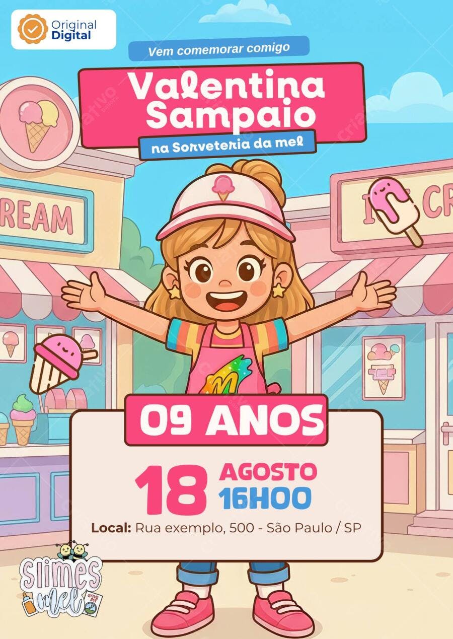 Convite Aniversário Sorveteria da Mel Editável no Canva - Slimes Mel Melissa Seabra