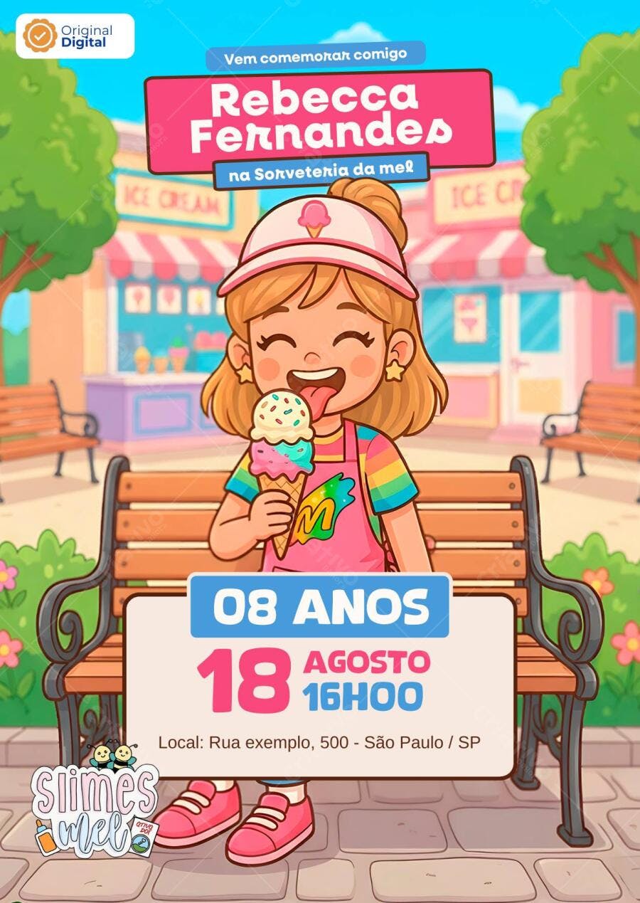 Convite Aniversário Sorveteria da Mel Editável no Canva - Slimes Mel Melissa Seabra