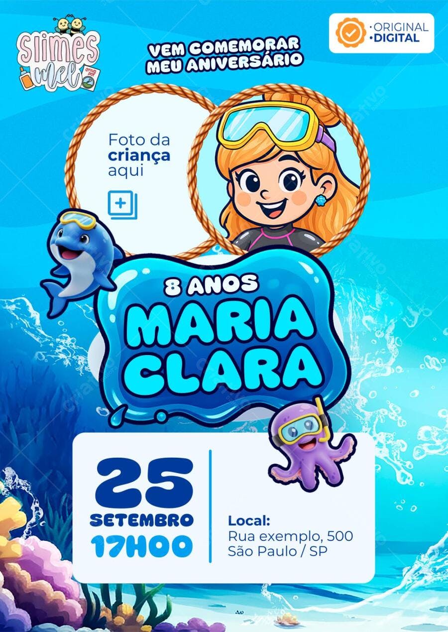 Convite de aniversário infantil Slimes Mel - Water Slime da Mel Editável no Canva - Melissa Seabra