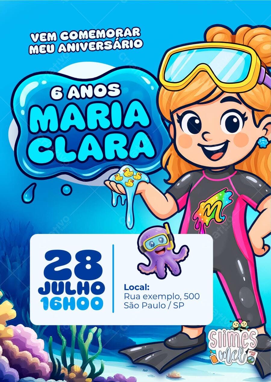 Convite de aniversário infantil Slimes Mel - Water Slime da Mel Editável no Canva - Melissa Seabra