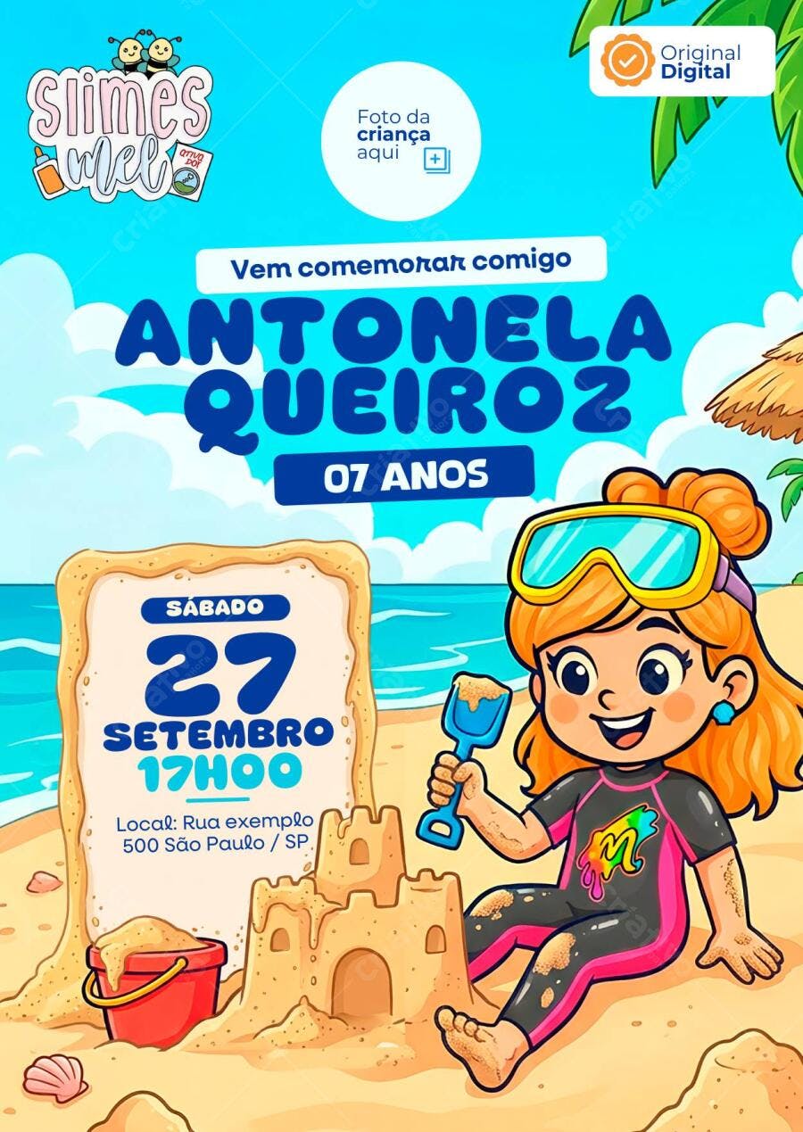 Convite de aniversário infantil Slimes Mel Water Slime da Mel Editável no Canva - Melissa Seabra