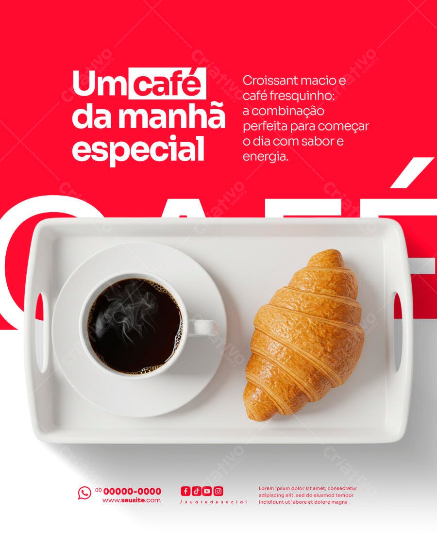 Post para Redes Sociais Café da Manhã Croissant PSD Editável