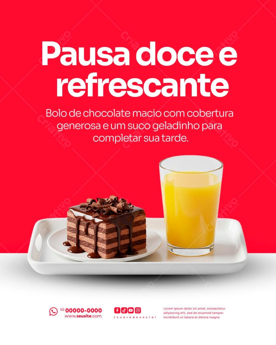 Flyer Pausa Doce com Bolo de Chocolate e Suco PSD Editável