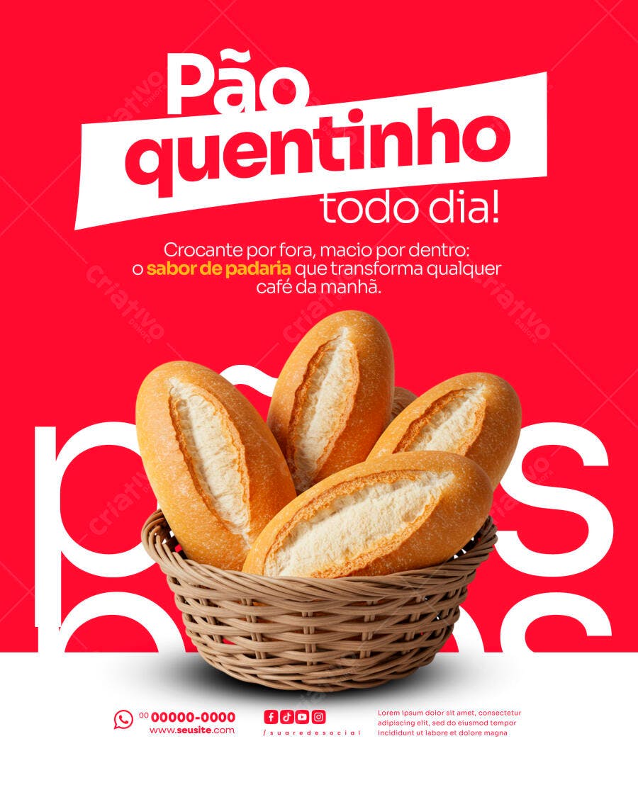 Flyer Padaria Pão Quentinho Todo Dia PSD Editável