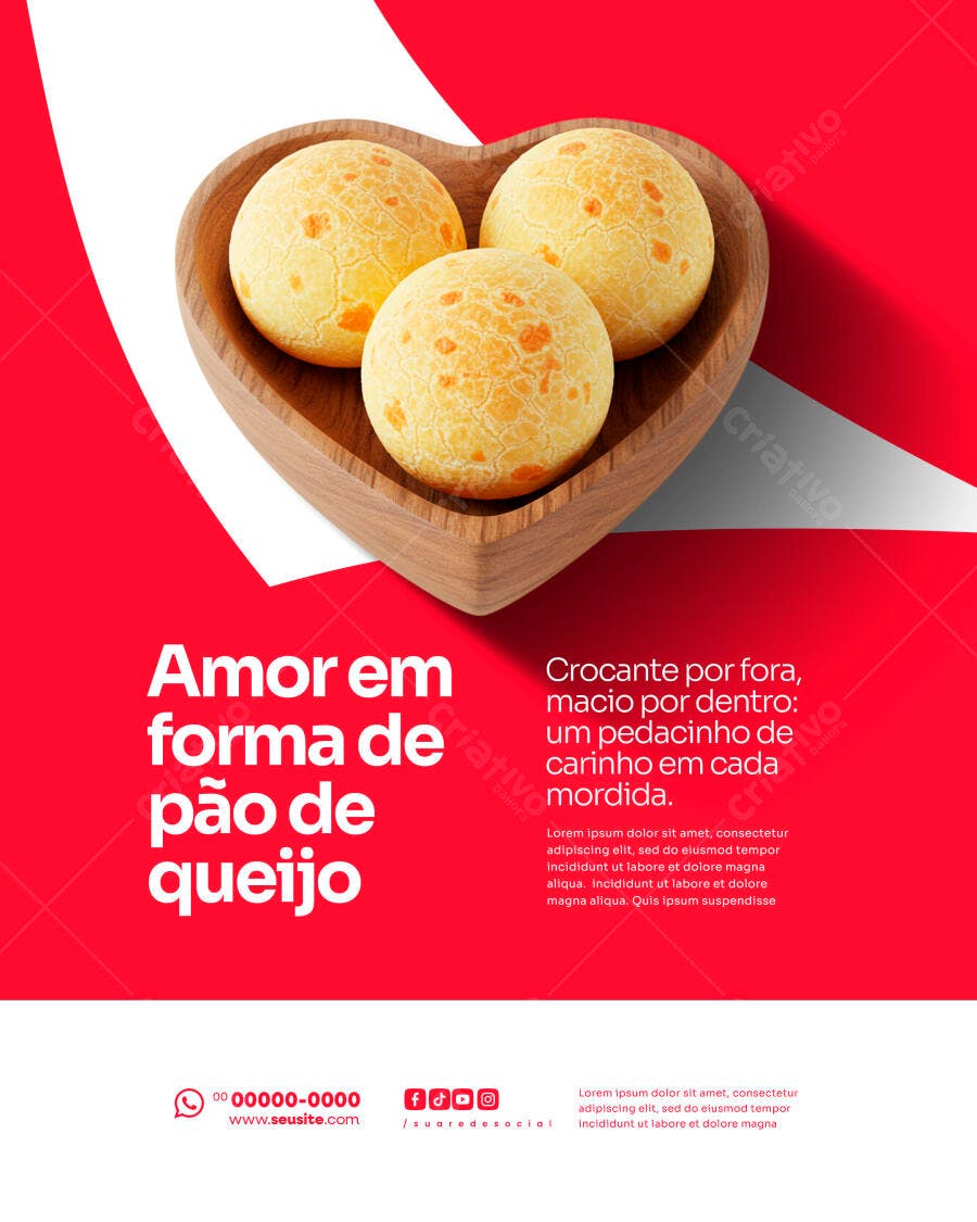 Flyer Amor em Forma de Pão de Queijo Psd Editável