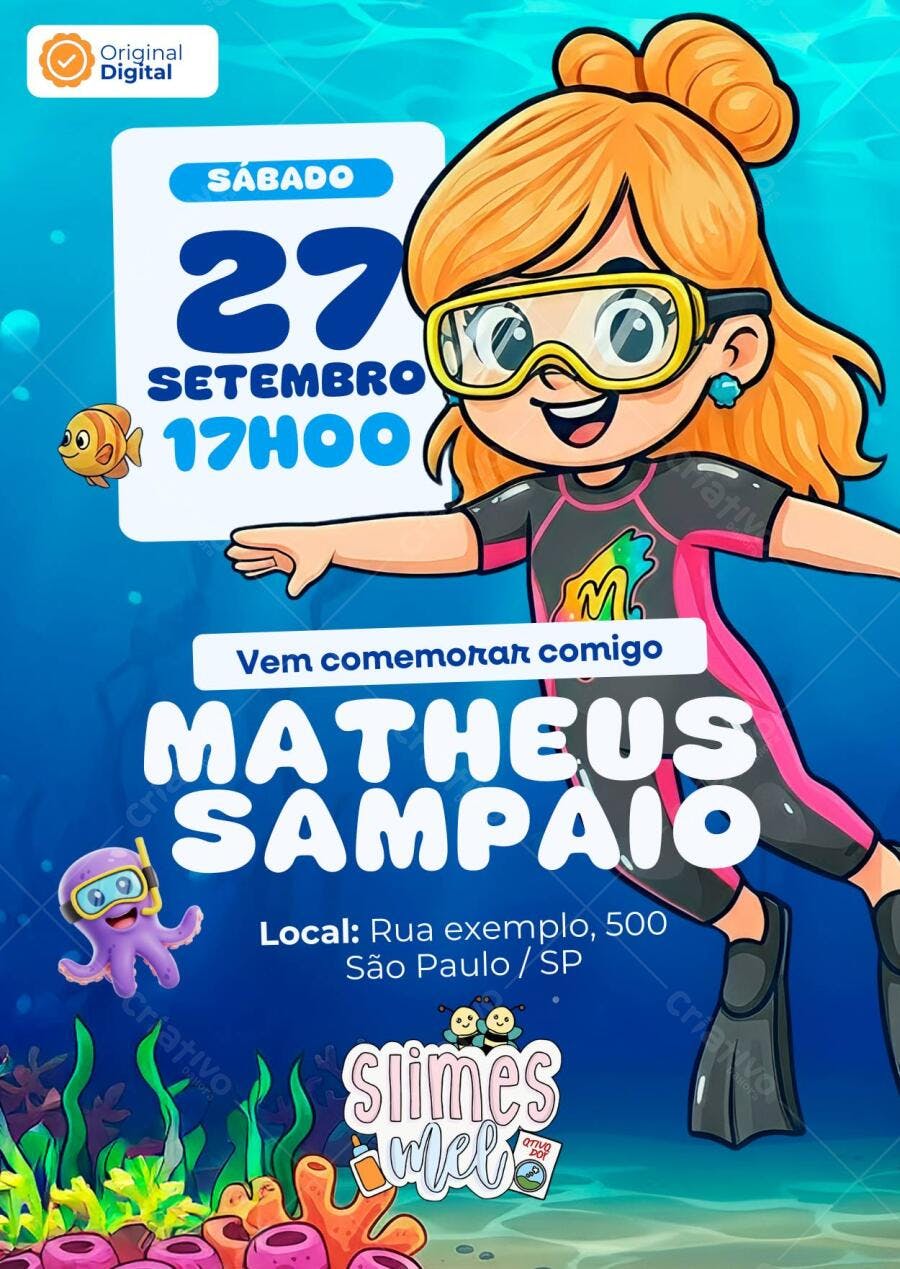 Convite de aniversário infantil Slimes Mel - Water Slime da Mel Editável no Canva - Melissa Seabra