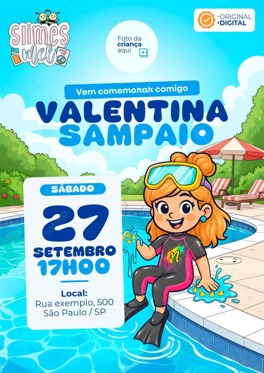 Convite de aniversário infantil Slimes Mel - Water Slime da Mel Editável no Canva - Melissa Seabra
