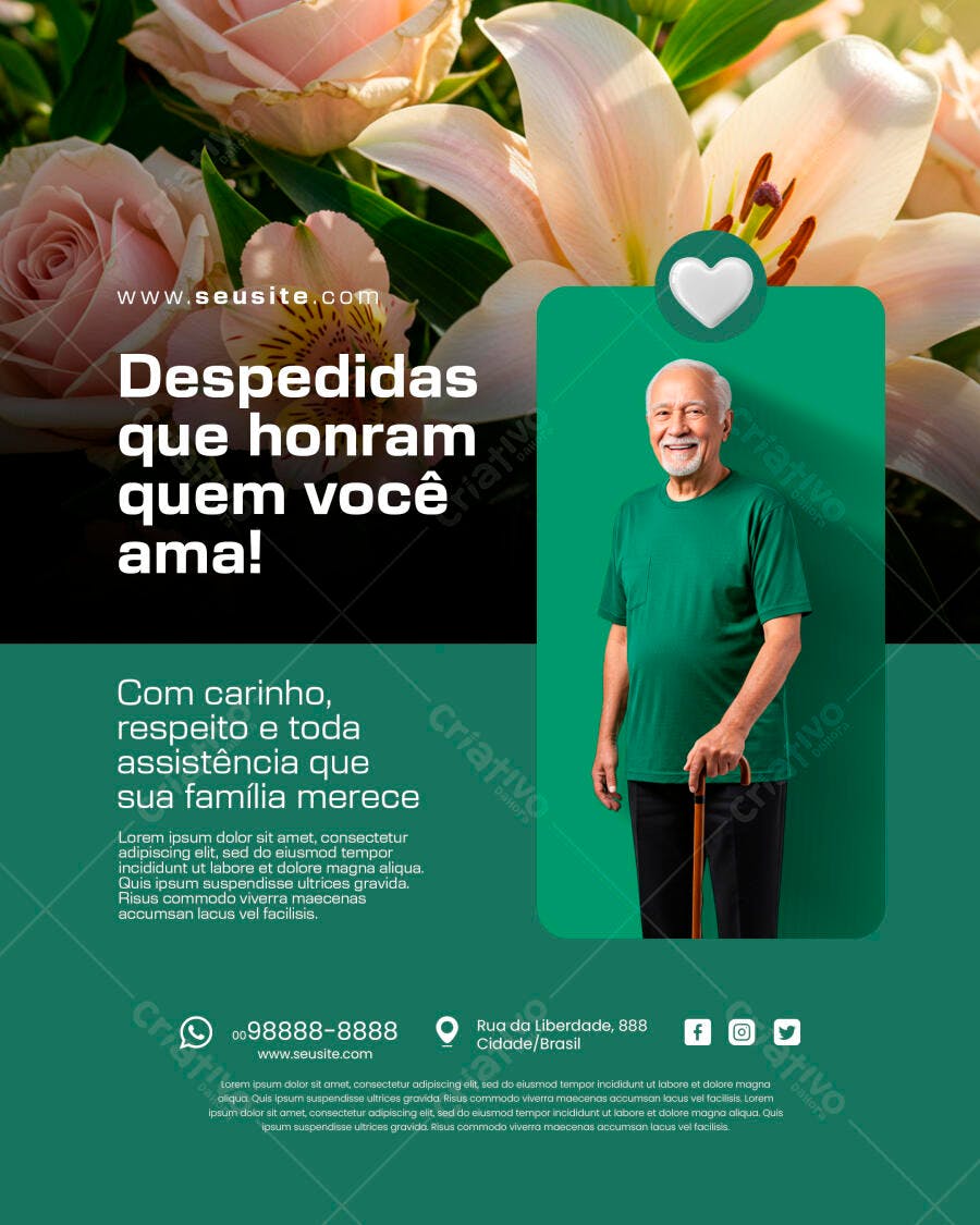 Flyer Funerária Homenagem com Flores e Idoso PSD Editável