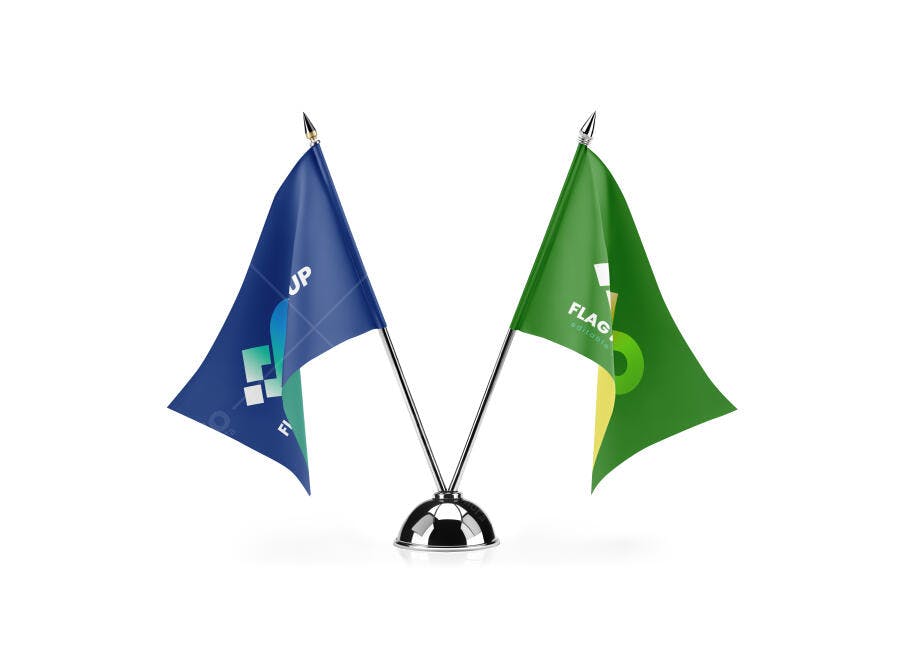 Mockup Realista Bandeiras de Mesa Duplas Azul e Verde em Suporte Metálico