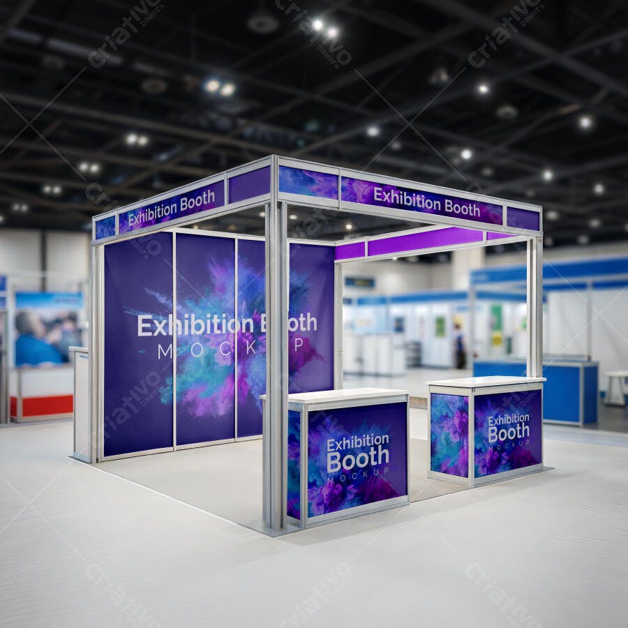 Mockup Moderno de Estande de Feira Roxo e Azul para Eventos Corporativos
