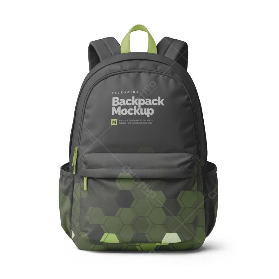 Mockup de Mochila Urbana Cinza e Verde com Detalhes Hexagonais Modernos